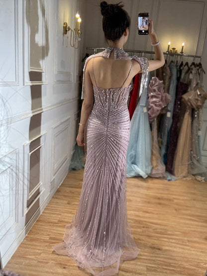 Luxury Nude Beaded Tassel Mermaid Evening Dress LA73184A