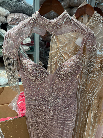 Luxury Nude Beaded Tassel Mermaid Evening Dress LA73184A