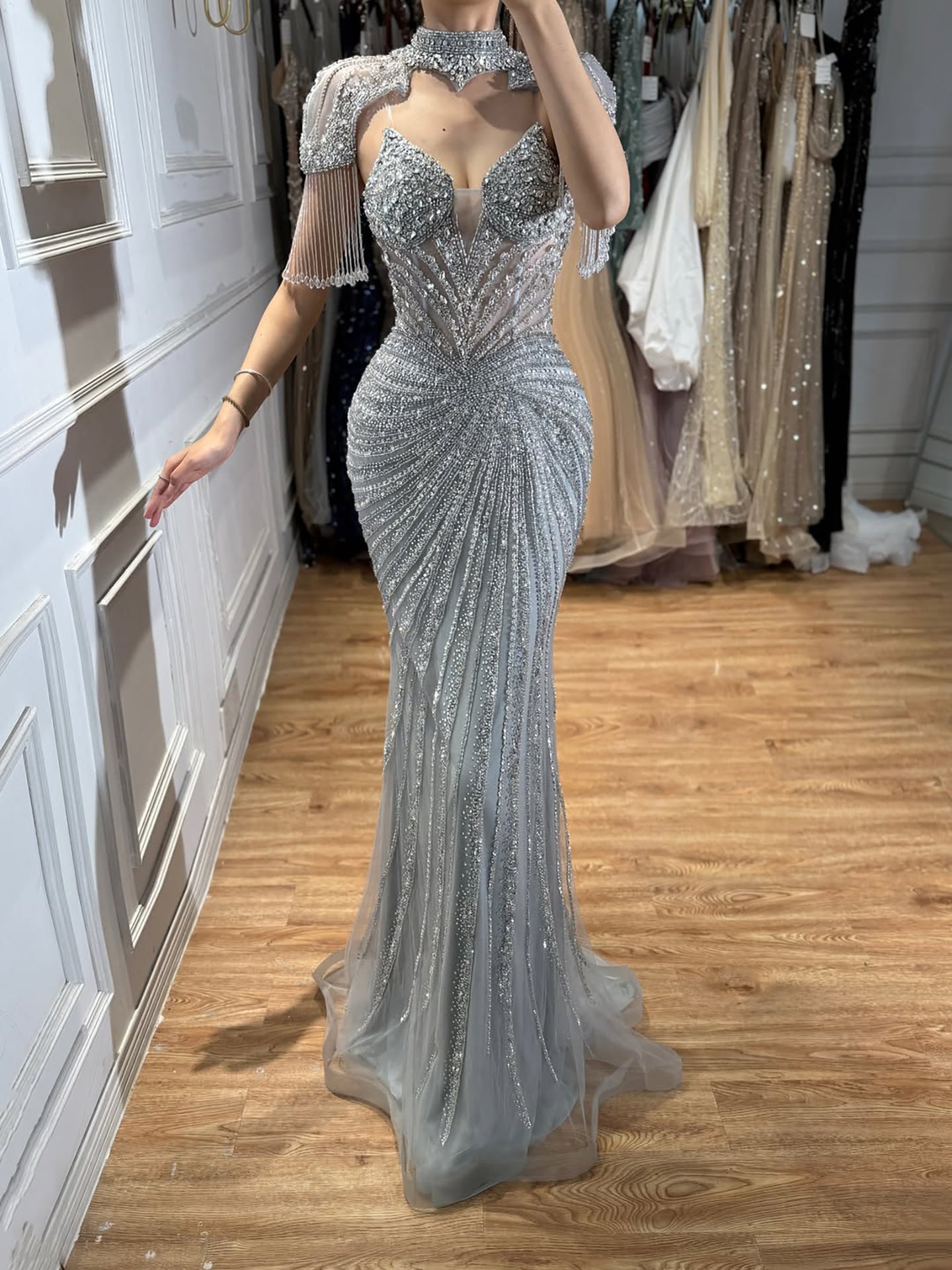 Luxury Nude Beaded Tassel Mermaid Evening Dress LA73184A