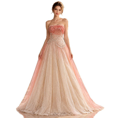Romantic Peach Beaded Strapless Prom Dress LA73185A
