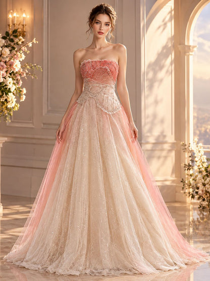 Romantic Peach Beaded Strapless Prom Dress LA73185A