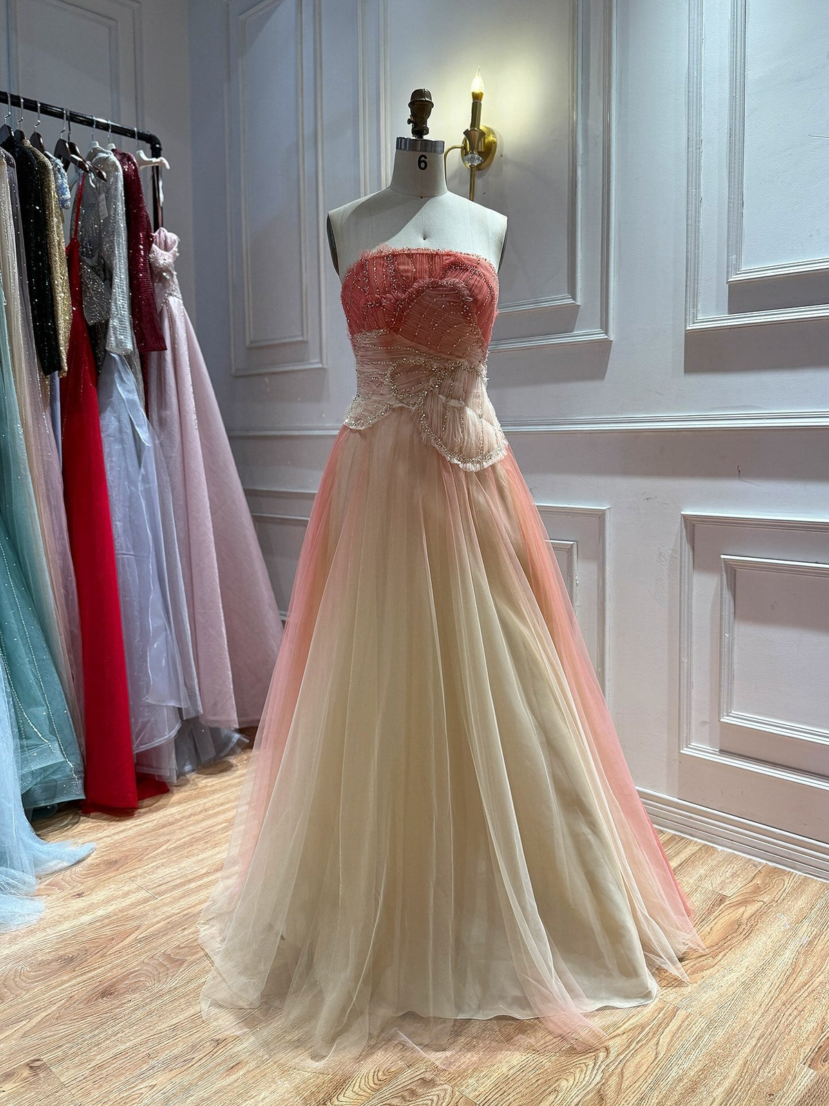 Romantic Peach Beaded Strapless Prom Dress LA73185A