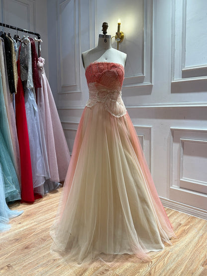 Romantic Peach Beaded Strapless Prom Dress LA73185A