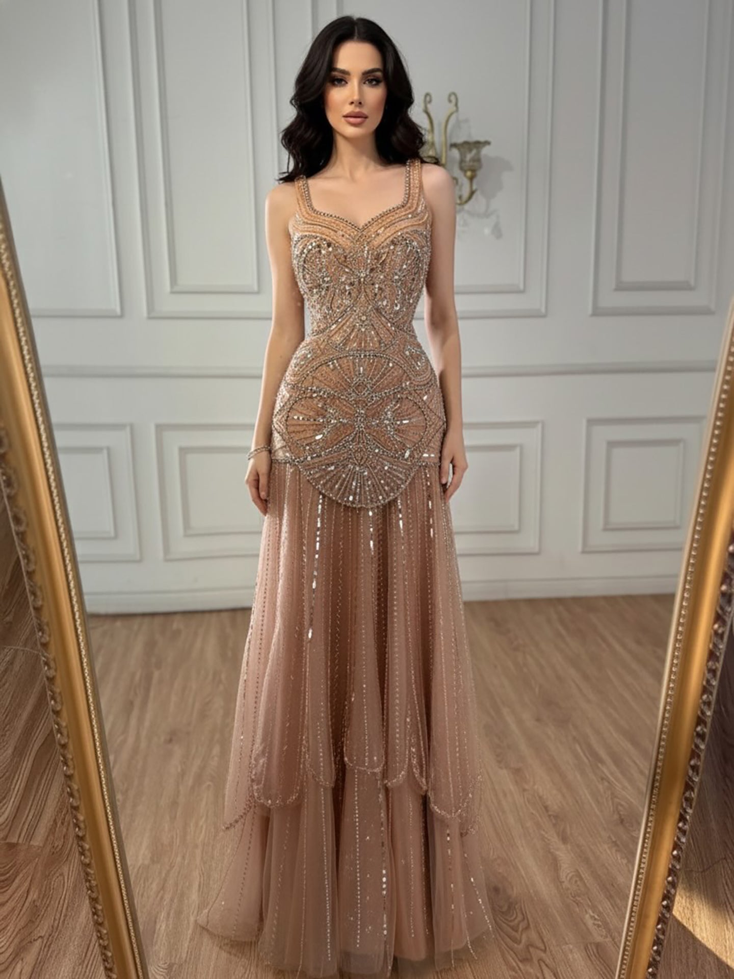 Luxury Nude Spaghetti Strap Beaded A line Evening Dress LA73189