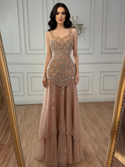 Luxury Nude Spaghetti Strap Beaded A line Evening Dress LA73189