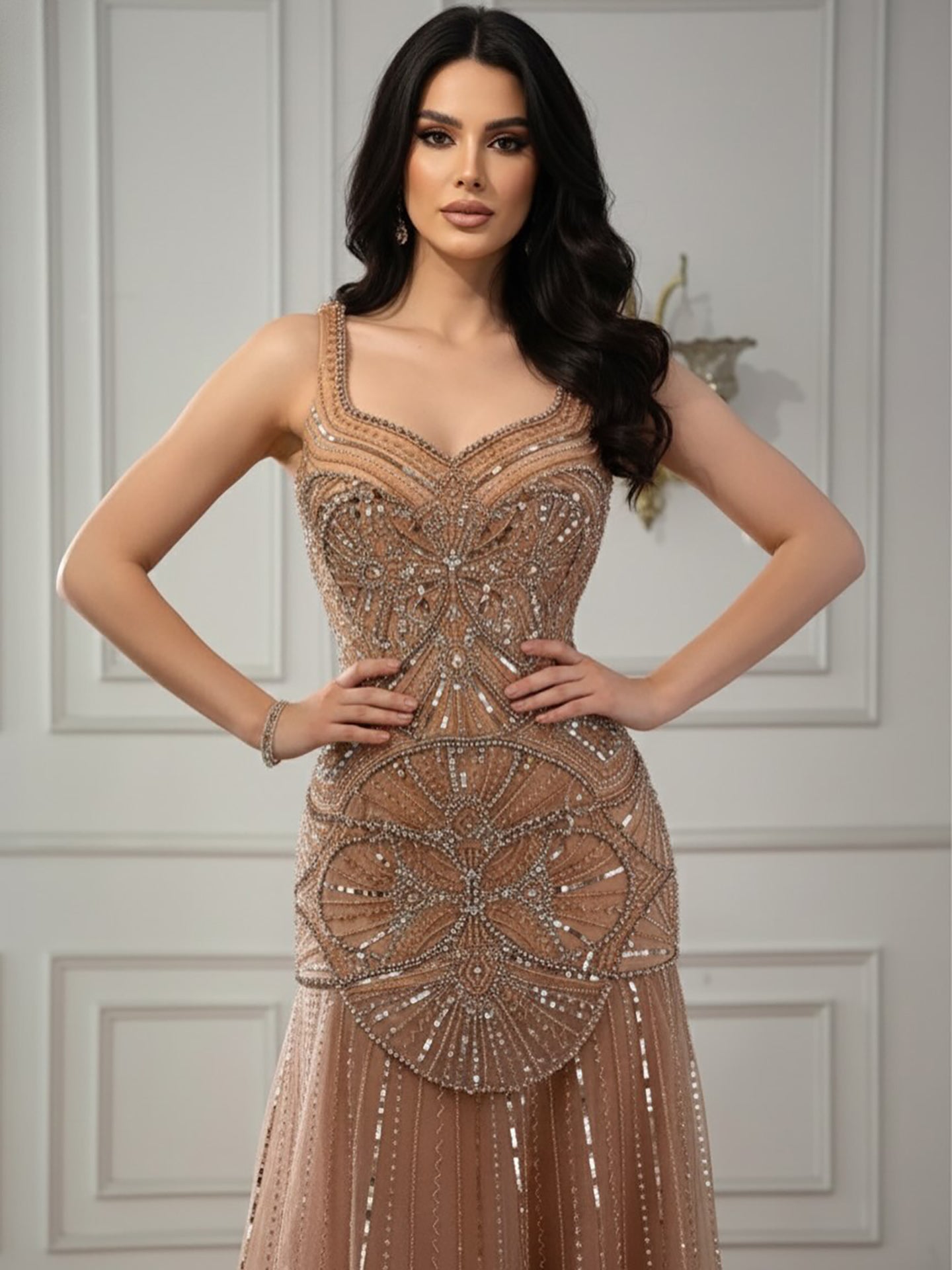 Luxury Nude Spaghetti Strap Beaded A line Evening Dress LA73189