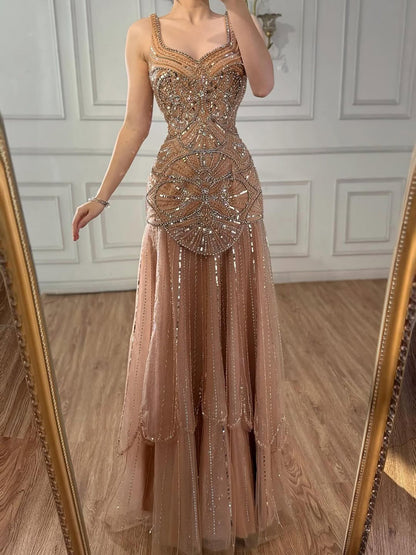 Luxury Nude Spaghetti Strap Beaded A line Evening Dress LA73189