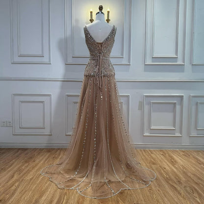 Luxury Nude Beaded A-Line Evening Dress for Women Party LA73189A
