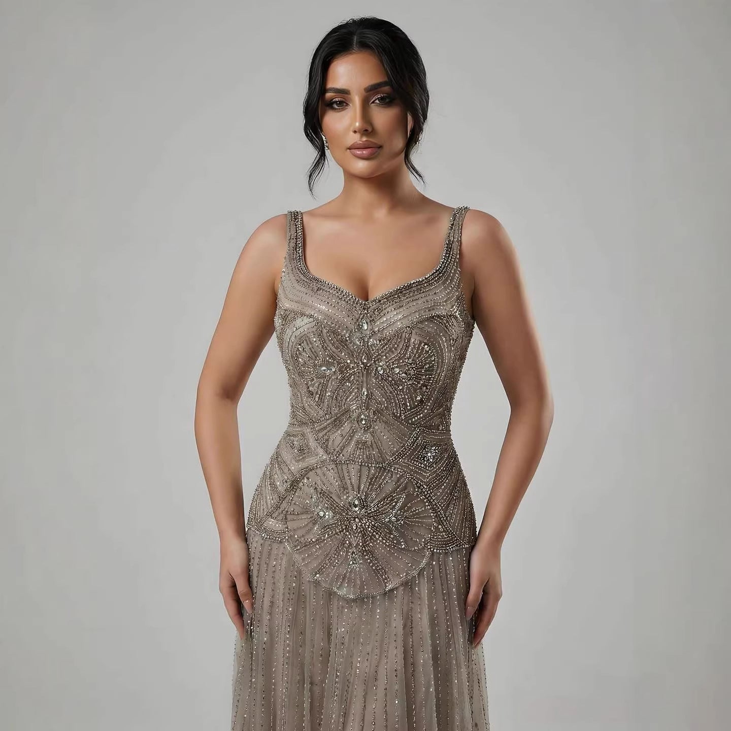 Luxury Arabic Nude Spaghetti Strap Beaded A-Line Evening Dress LA73189C