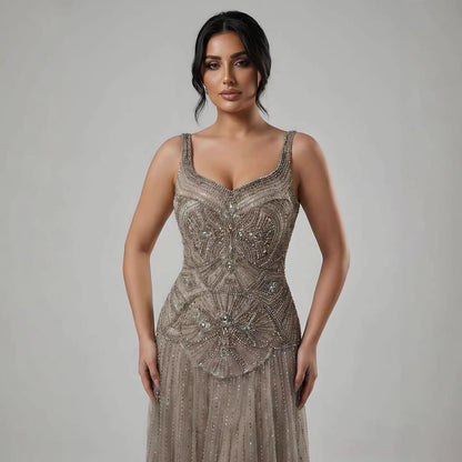 Luxury Arabic Nude Spaghetti Strap Beaded A-Line Evening Dress LA73189C