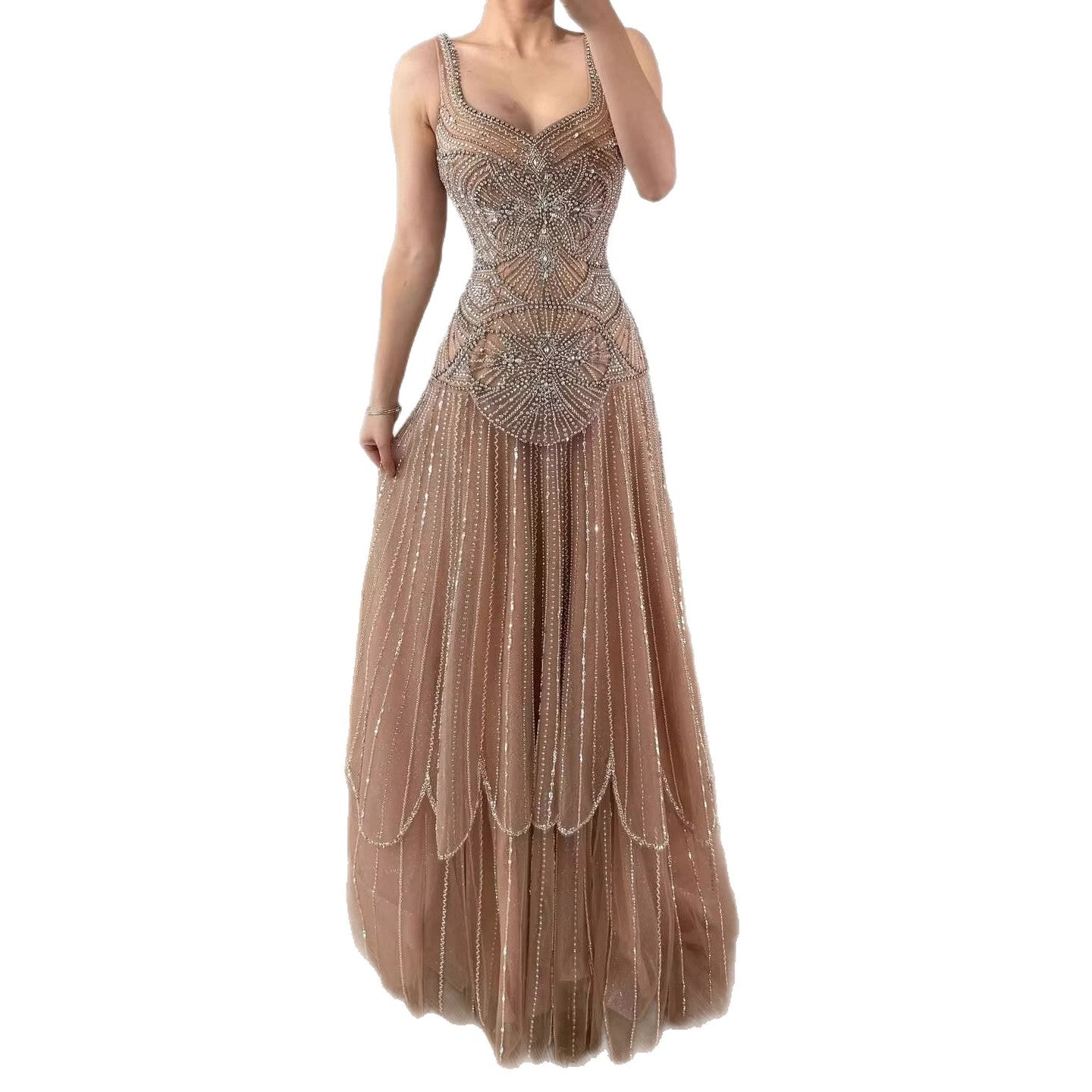 Luxury Arabic Nude Spaghetti Strap Beaded A-Line Evening Dress LA73189C