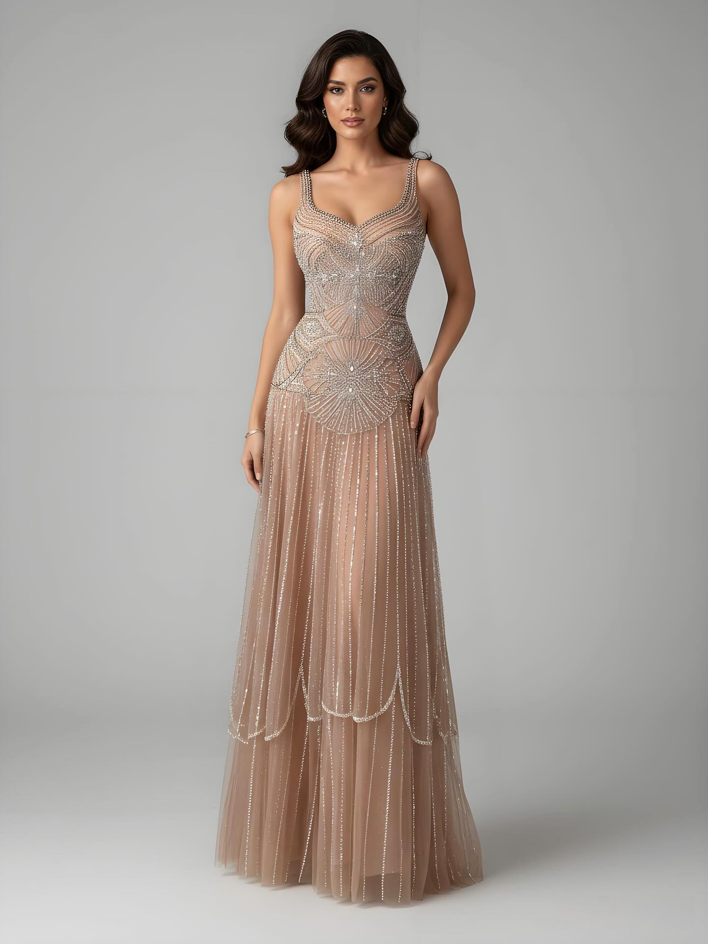 Luxury Arabic Nude Spaghetti Strap Beaded A-Line Evening Dress LA73189C