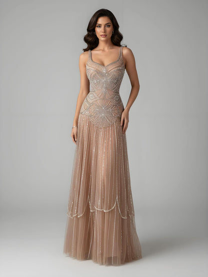 Luxury Arabic Nude Spaghetti Strap Beaded A-Line Evening Dress LA73189C