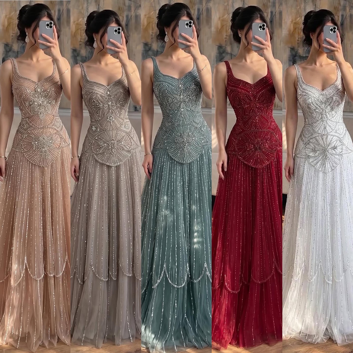 Luxury Arabic Nude Spaghetti Strap Beaded A-Line Evening Dress LA73189C