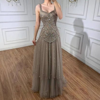 Luxury Arabic Nude Spaghetti Strap Beaded A-Line Evening Dress LA73189C