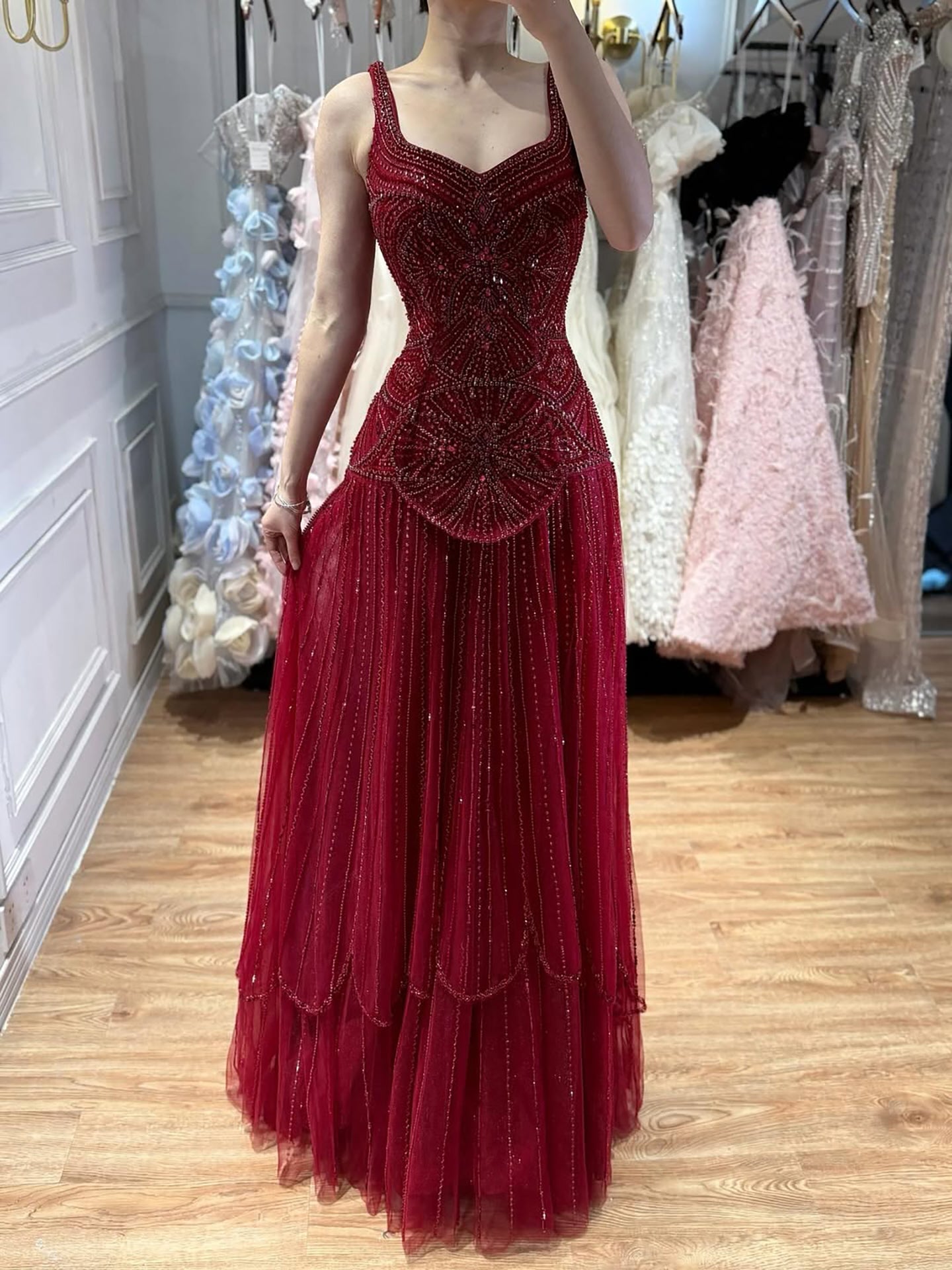 Luxury Arabic Nude Spaghetti Strap Beaded A-Line Evening Dress LA73189C