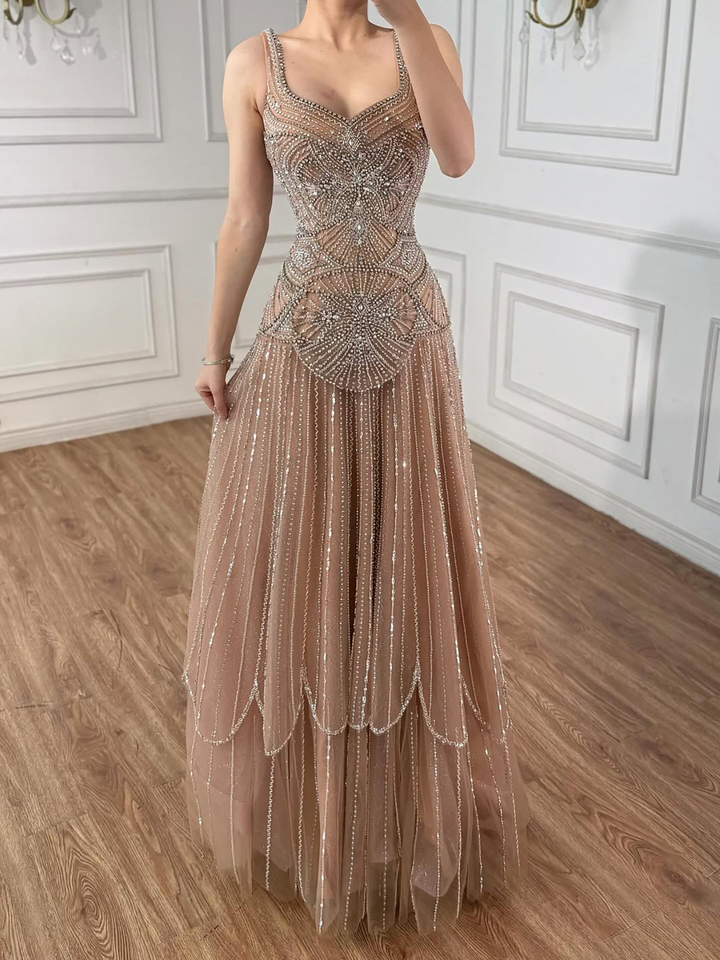 Luxury Arabic Nude Spaghetti Strap Beaded A-Line Evening Dress LA73189C
