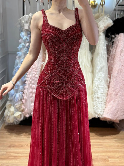 Luxury Arabic Nude Spaghetti Strap Beaded A-Line Evening Dress LA73189C