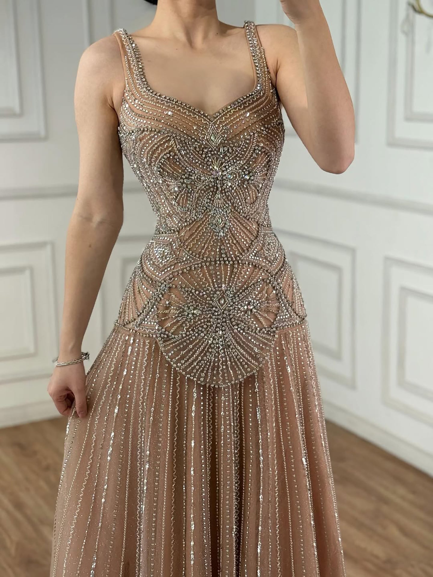 Luxury Arabic Nude Spaghetti Strap Beaded A-Line Evening Dress LA73189C