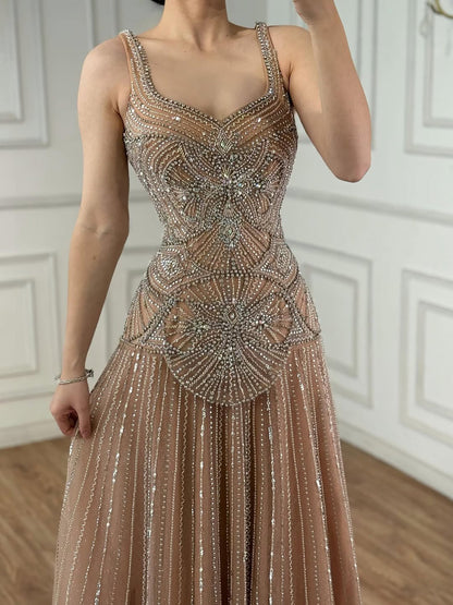 Luxury Arabic Nude Spaghetti Strap Beaded A-Line Evening Dress LA73189C
