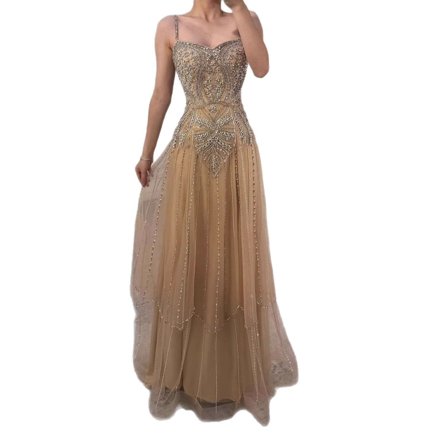 Luxury Nude Beaded A Line Evening Dress Spaghetti Strap LA73189D