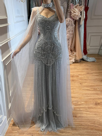 Luxury Gold Beaded Mermaid Evening Dress with Cape LA73189E