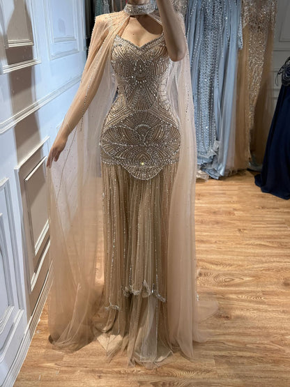 Luxury Gold Beaded Mermaid Evening Dress with Cape LA73189E