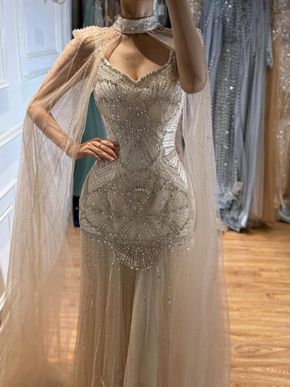 Luxury Gold Beaded Mermaid Evening Dress with Cape LA73189E