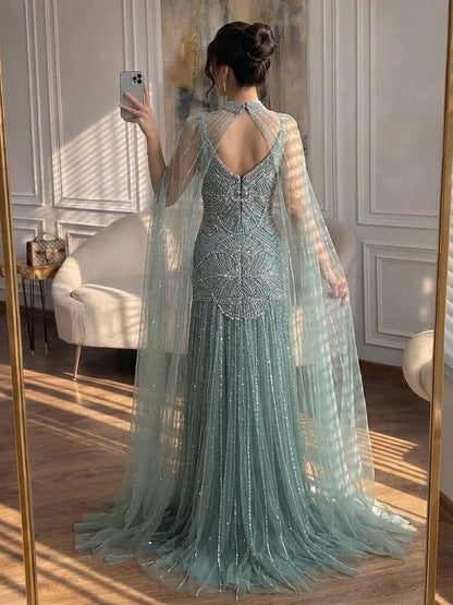 Luxury Gold Beaded Mermaid Evening Dress with Cape LA73189E