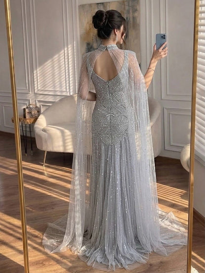 Luxury Gold Beaded Mermaid Evening Dress with Cape LA73189E