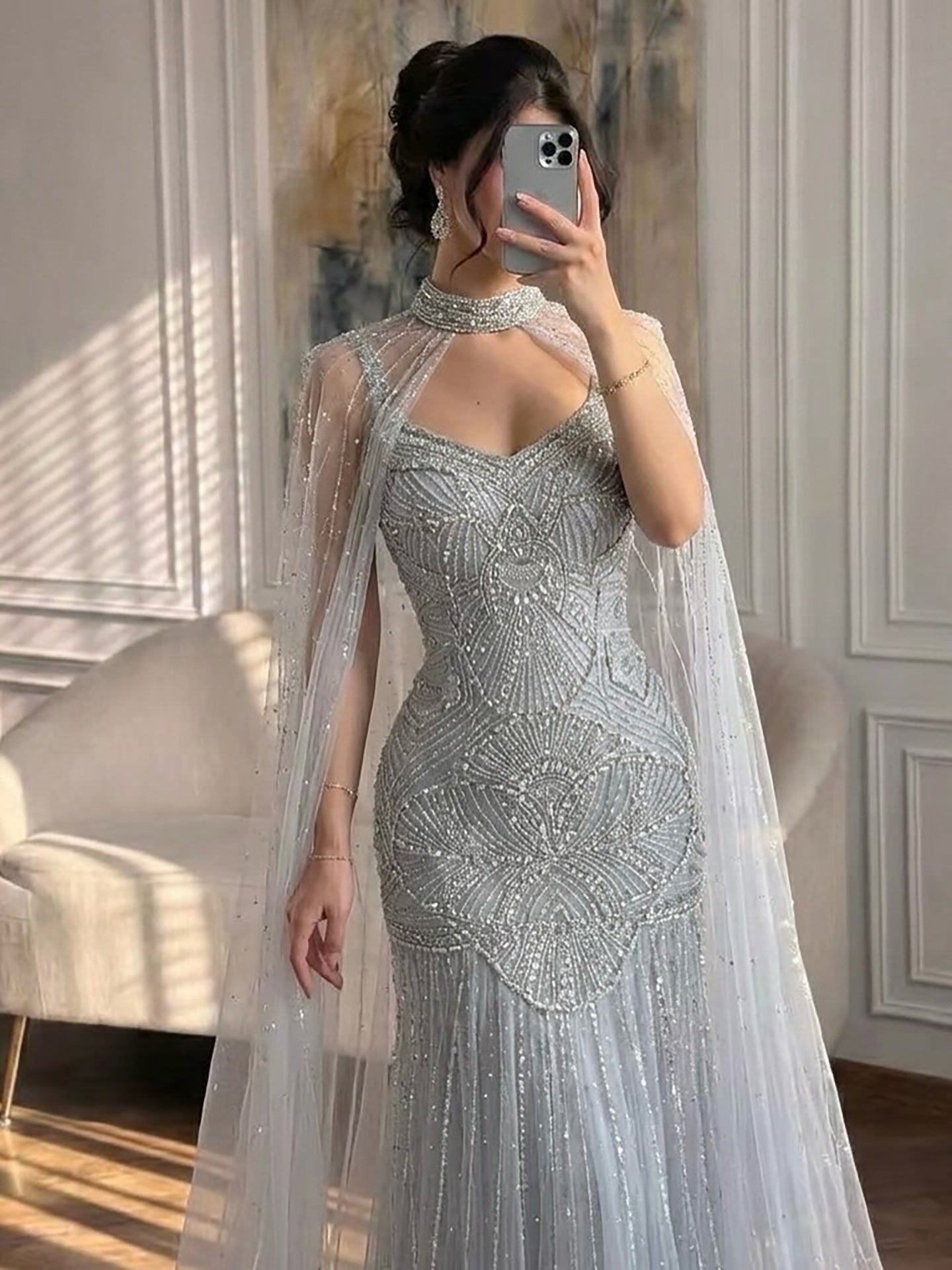 Luxury Gold Beaded Mermaid Evening Dress with Cape LA73189E