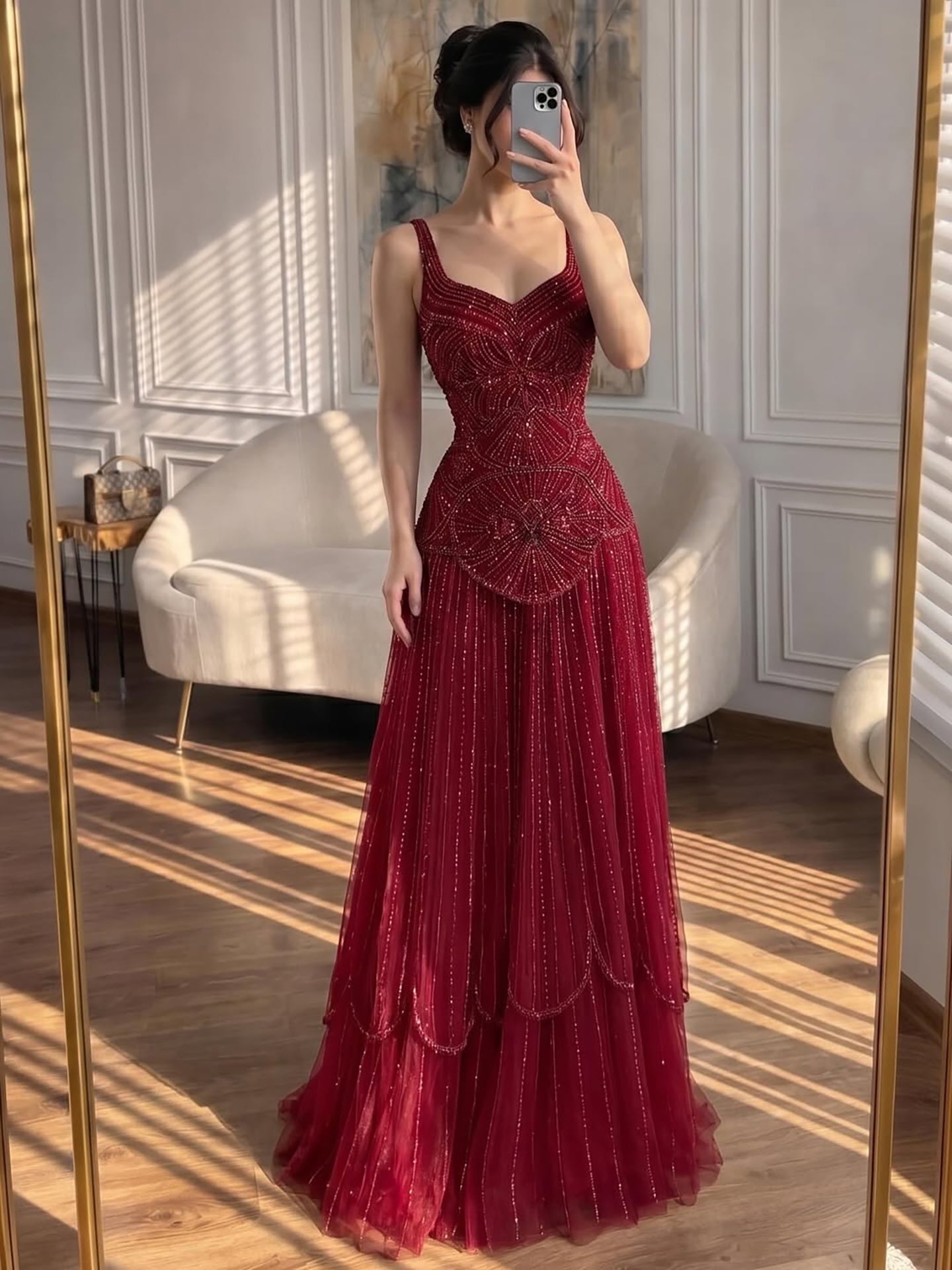 Luxury Arabic Nude Spaghetti Strap Beaded A-Line Evening Dress LA73189C