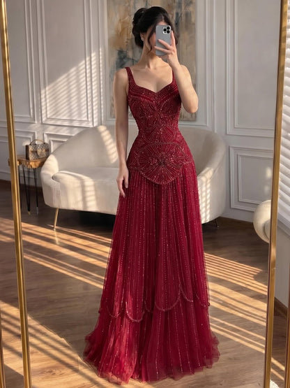 Luxury Arabic Nude Spaghetti Strap Beaded A-Line Evening Dress LA73189C