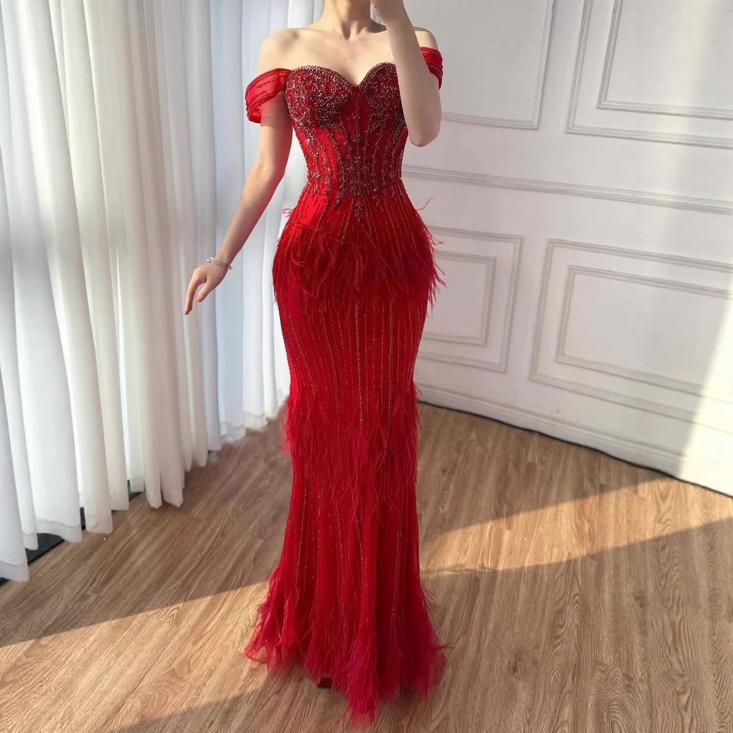 Luxury Caramel Off Shoulder Beaded Feather Mermaid Evening Dress LA73193