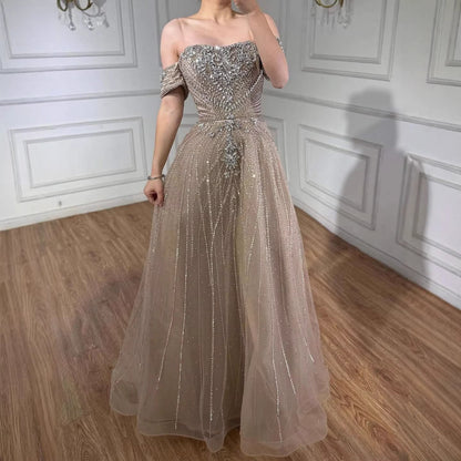 Luxury Dubai Nude Strapless Beaded A-Line Evening Dress LA73195A