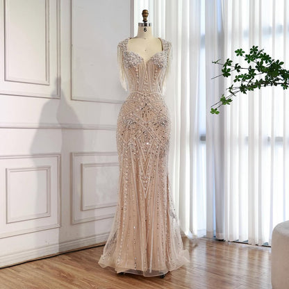 Luxury Nude Pearls Beaded Mermaid Evening Dress LA73199
