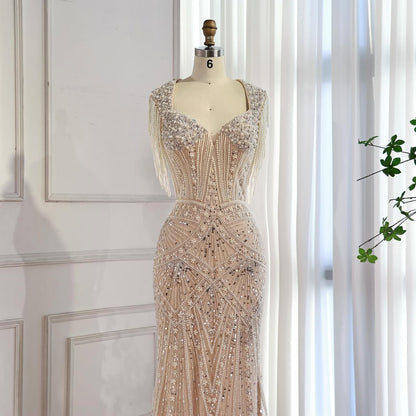 Luxury Nude Pearls Beaded Mermaid Evening Dress LA73199
