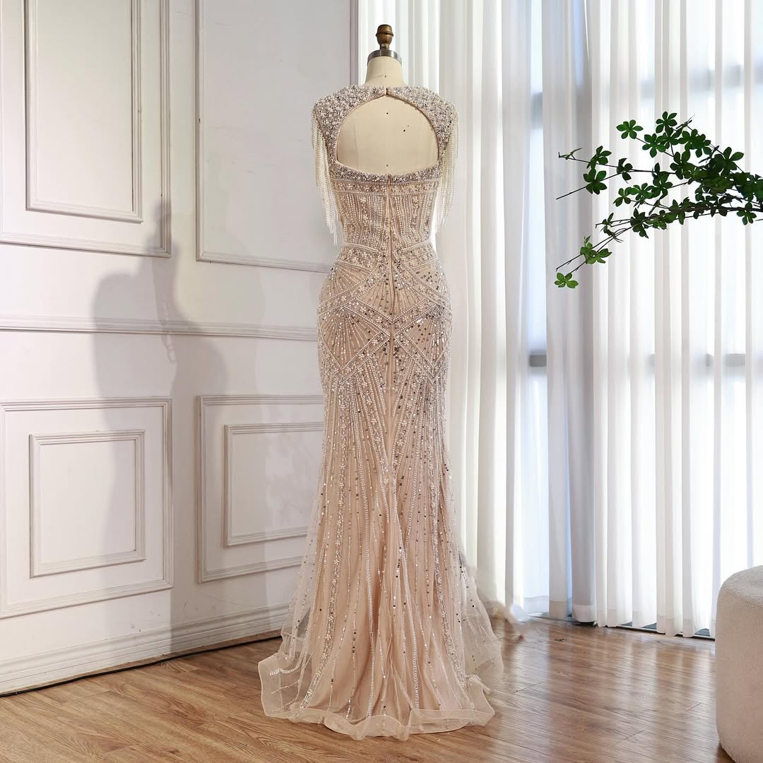 Luxury Nude Pearls Beaded Mermaid Evening Dress LA73199