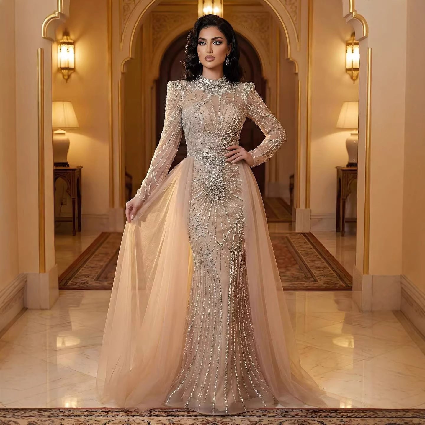 Luxury Muslim Nude Beaded Mermaid Evening Dress LA73203A