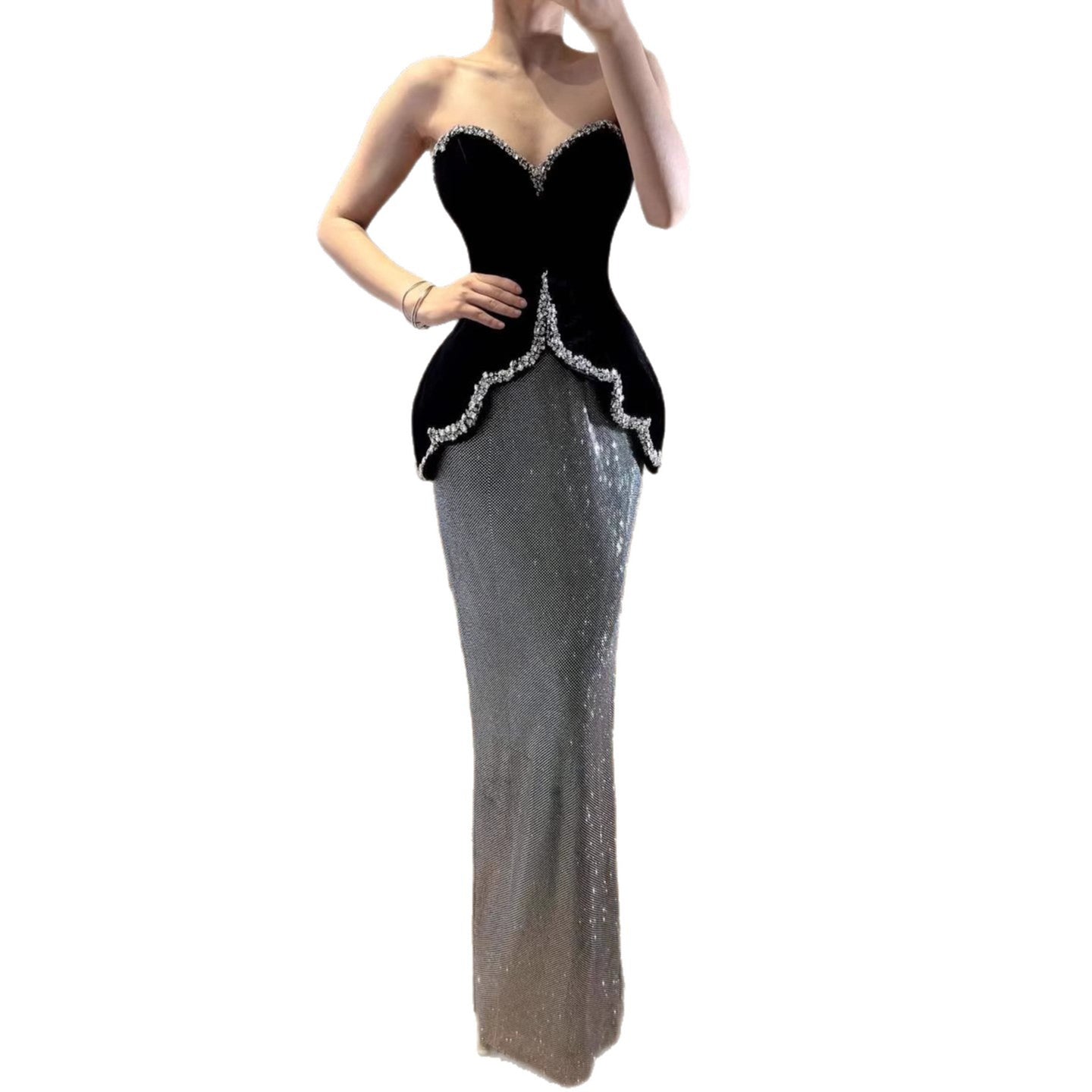 Luxury Black Strapless Beaded Mermaid Evening Dress LA73206A