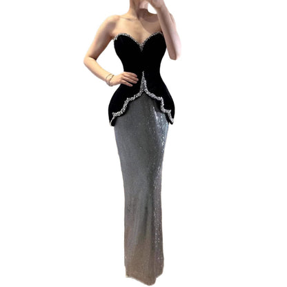 Luxury Black Strapless Beaded Mermaid Evening Dress LA73206A