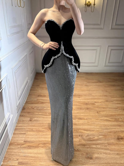 Luxury Black Strapless Beaded Mermaid Evening Dress LA73206A