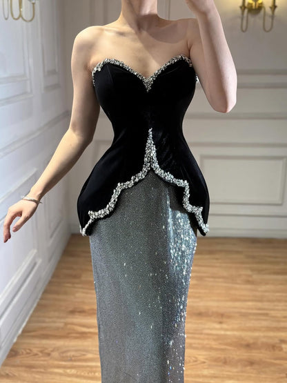 Luxury Black Strapless Beaded Mermaid Evening Dress LA73206A