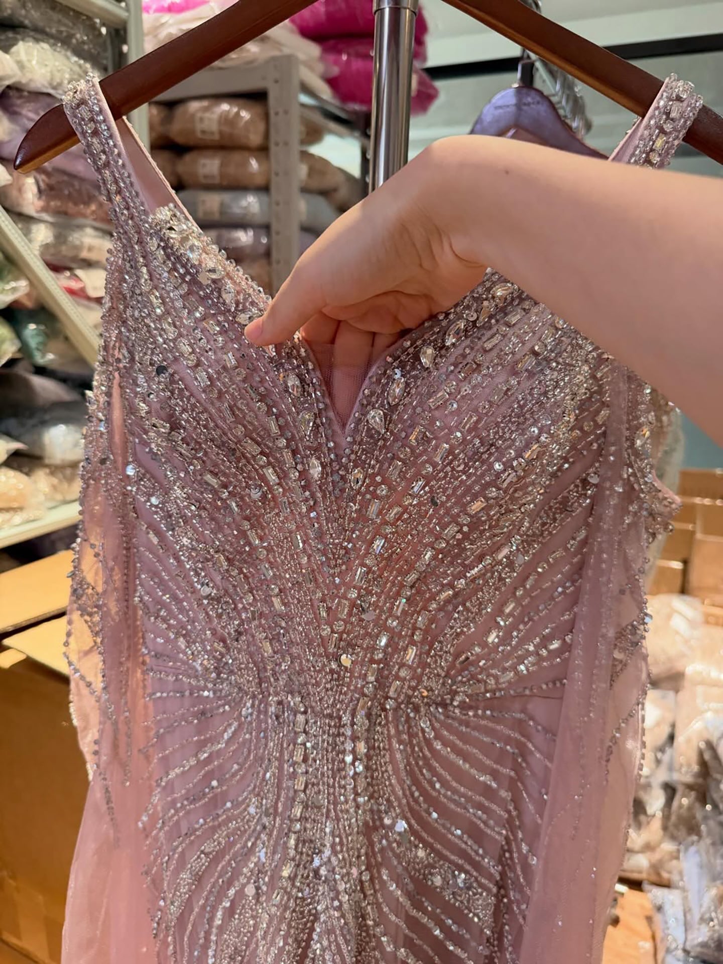 Luxury Pink Beaded Mermaid Evening Dress With Cape Sleeves LA73210A