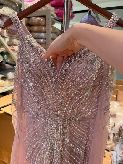 Luxury Pink Beaded Mermaid Evening Dress With Cape Sleeves LA73210A