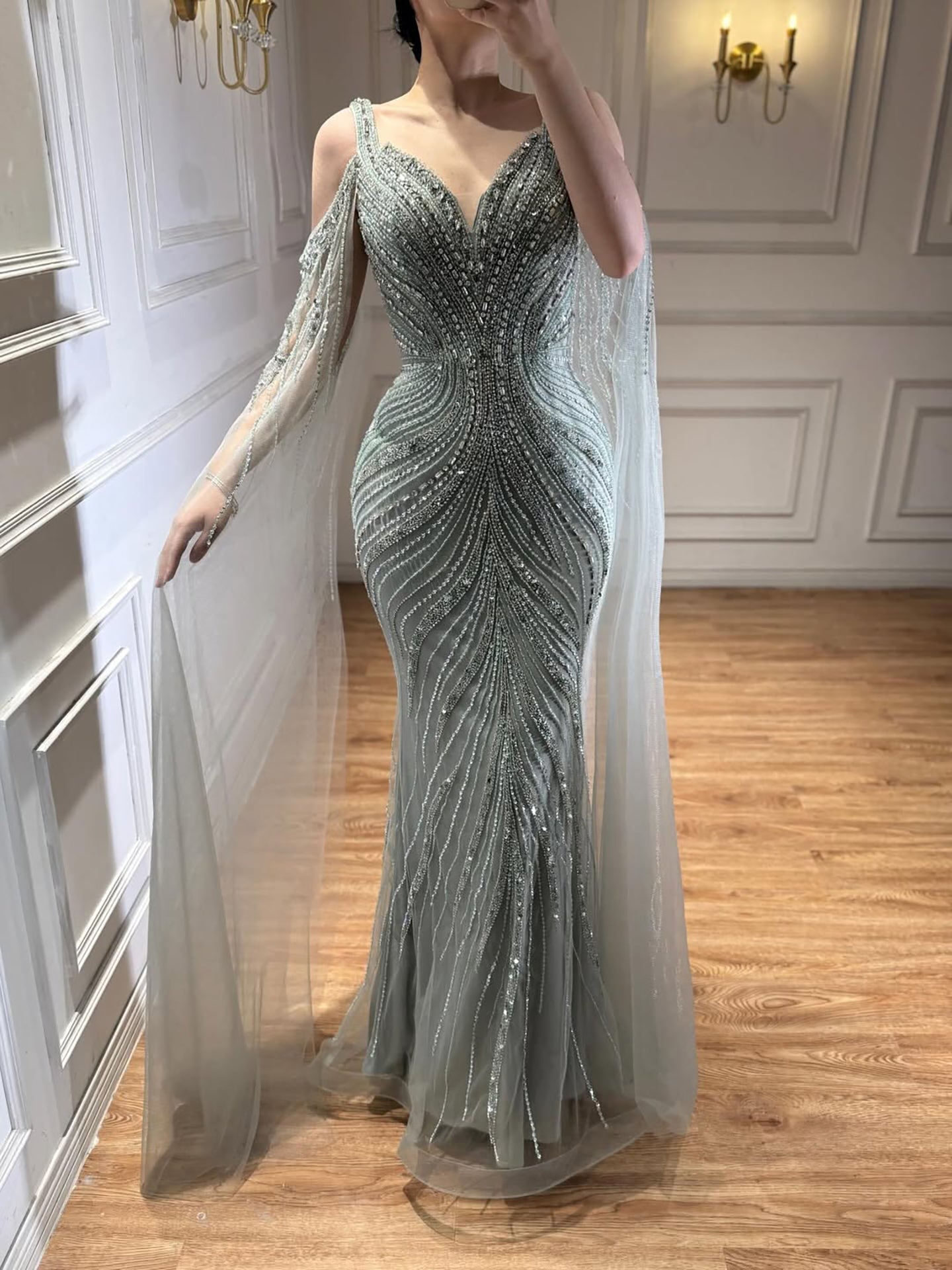 Luxury Caramel Beaded Mermaid Evening Dress With Cape Sleeves LA73210