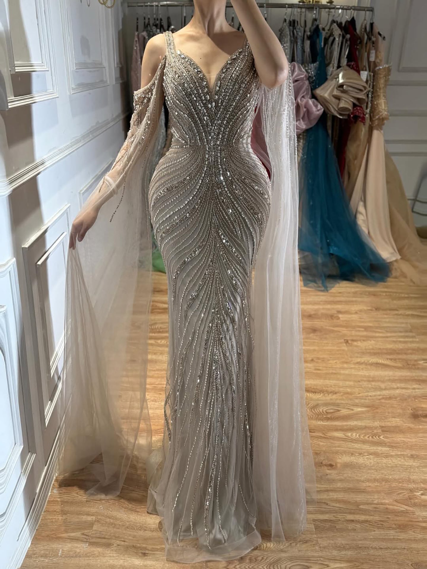 Luxury Caramel Beaded Mermaid Evening Dress With Cape Sleeves LA73210