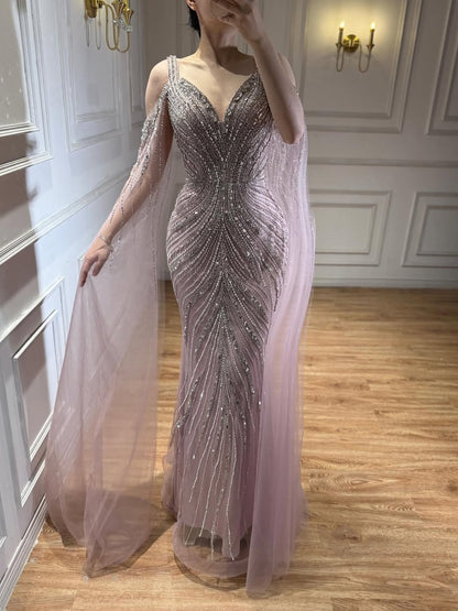 Luxury Pink Beaded Mermaid Evening Dress With Cape Sleeves LA73210A