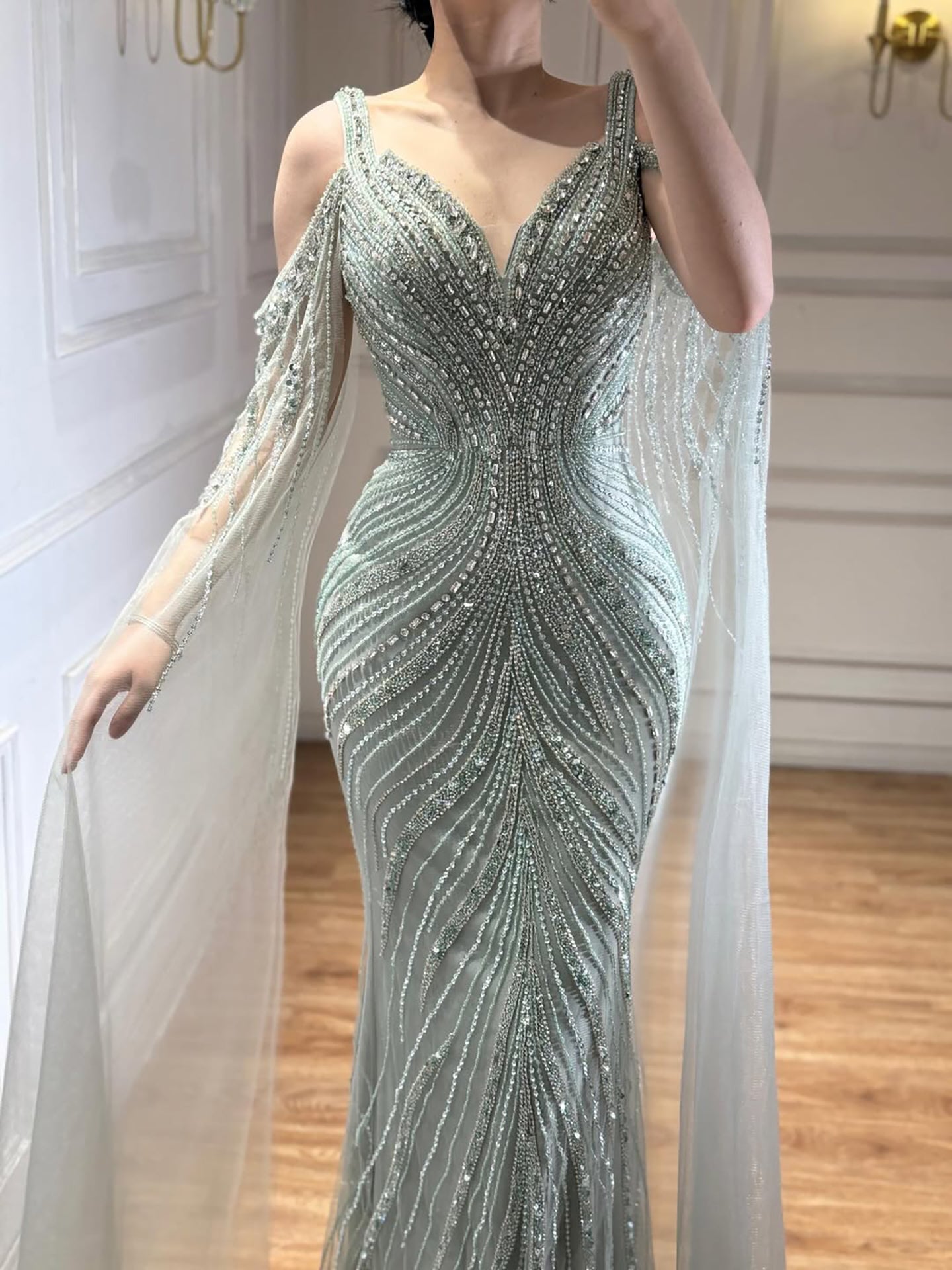 Luxury Caramel Beaded Mermaid Evening Dress With Cape Sleeves LA73210