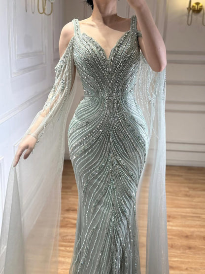 Luxury Caramel Beaded Mermaid Evening Dress With Cape Sleeves LA73210